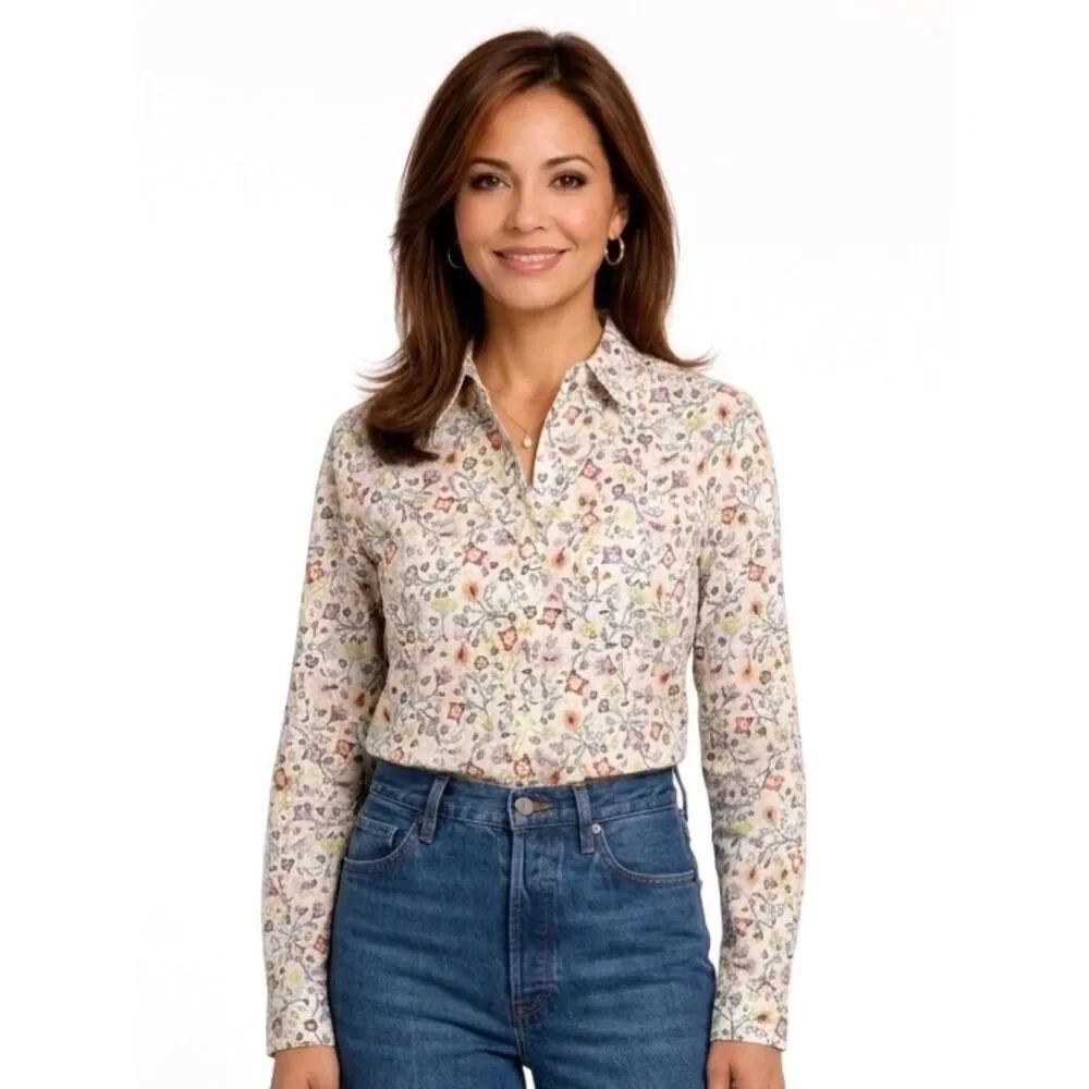 Croft & Barrow Multi Color Floral Roll Tab Sleeve Button Down Shirt Size S